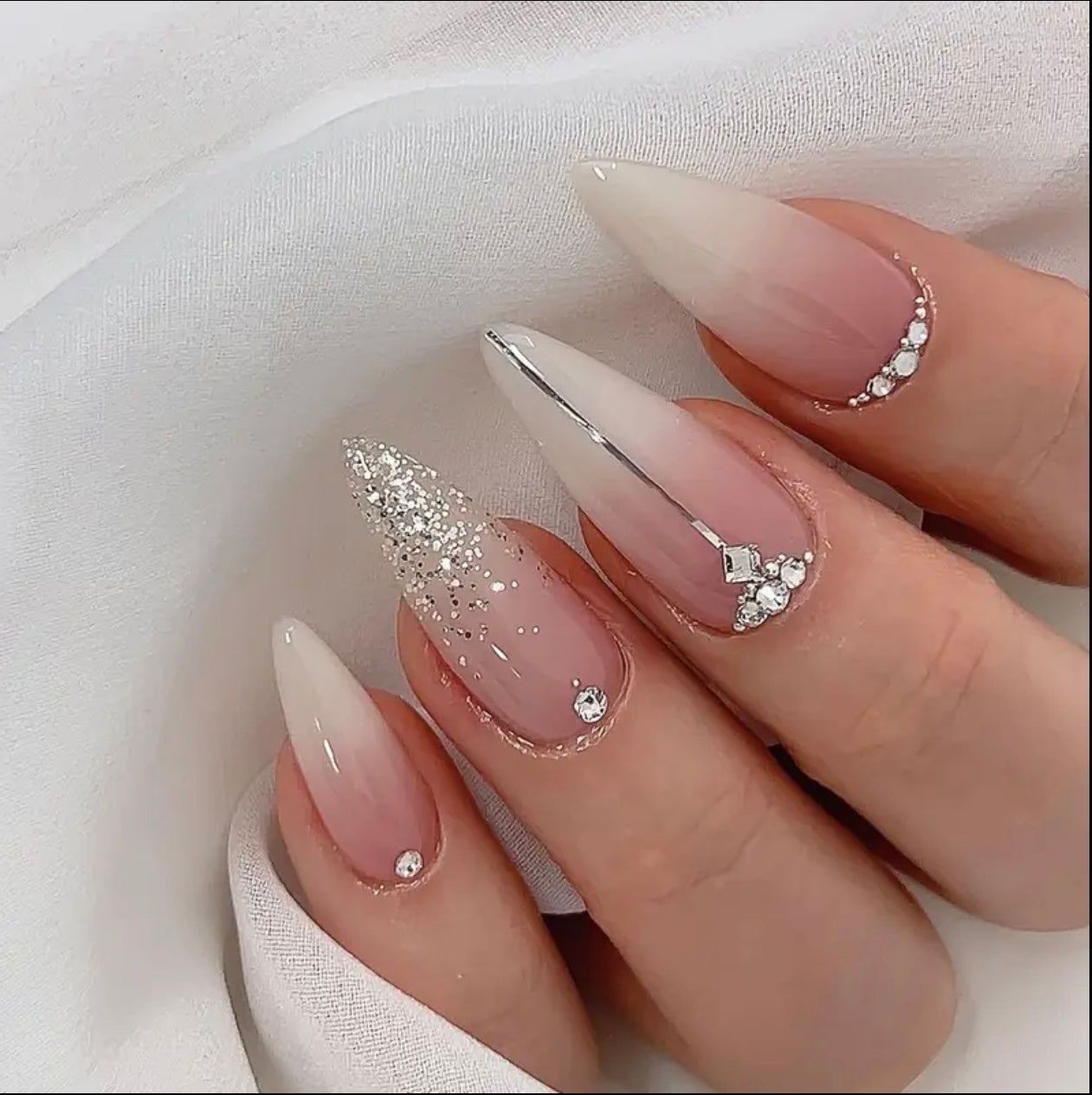Stunning Ombre Glitter Nails with Rhinestones