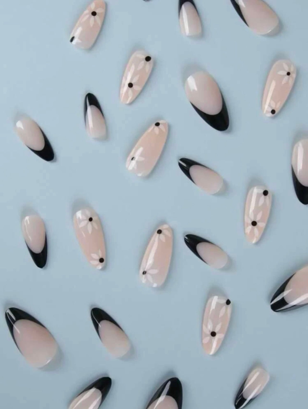 Long Stiletto Black French Flowers Pattern Press on Nails