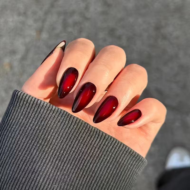 Wine Red Ombre Almond Pressons Nails