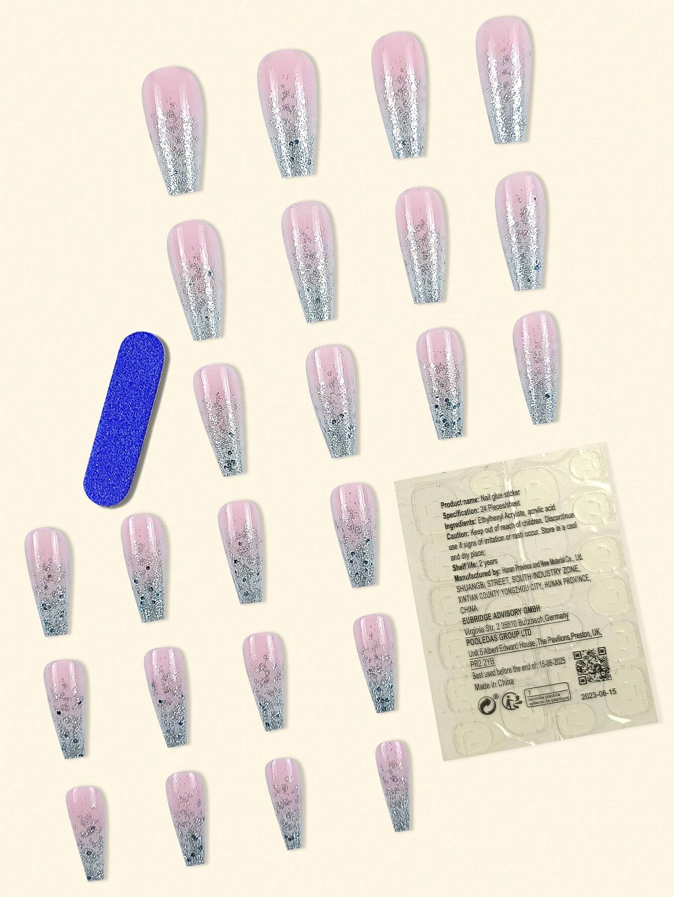 Long Coffin Shape Pink & Silver Glitter Press-on Nails