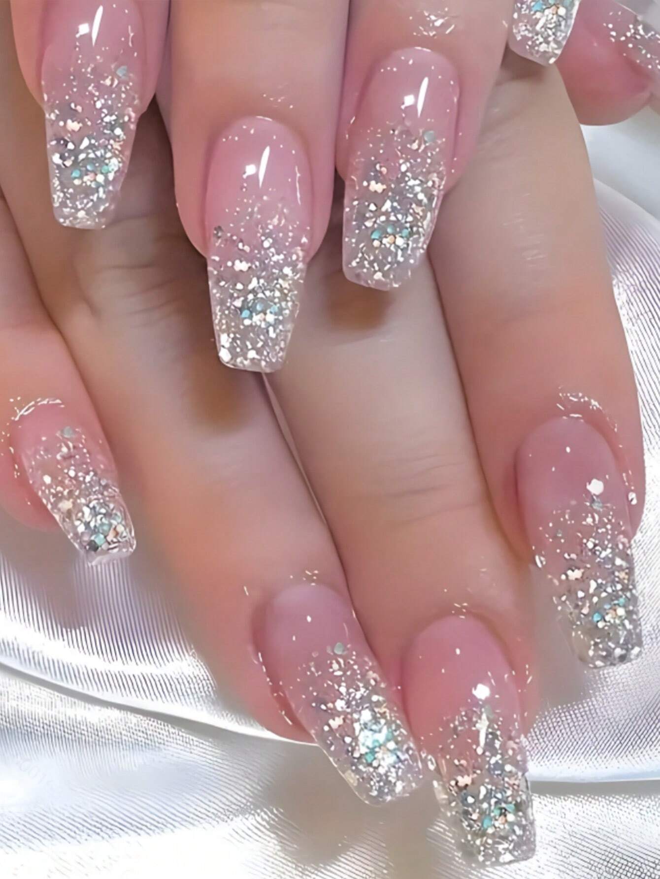 Long Coffin Shape Pink & Silver Glitter Press-on Nails