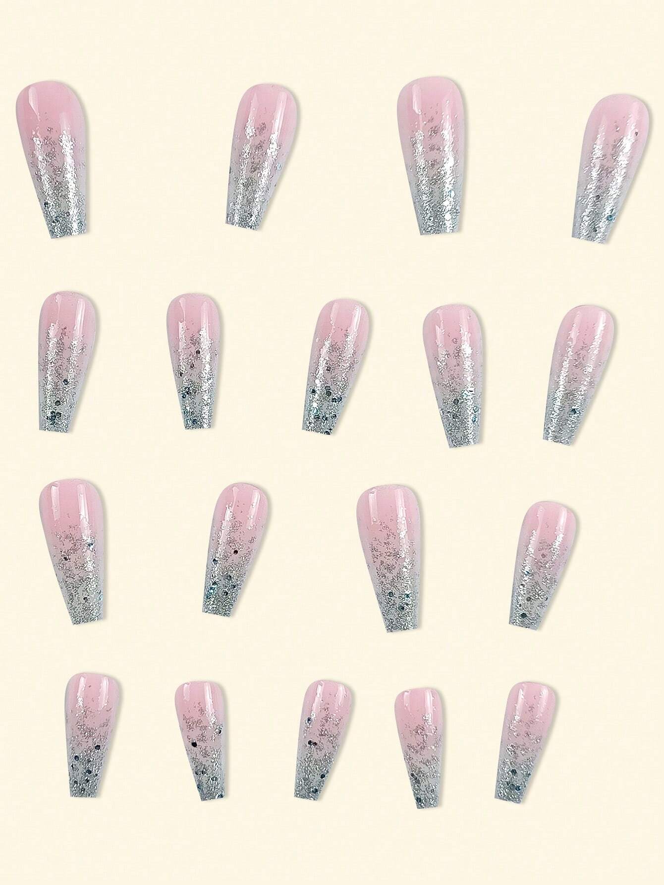 Long Coffin Shape Pink & Silver Glitter Press-on Nails