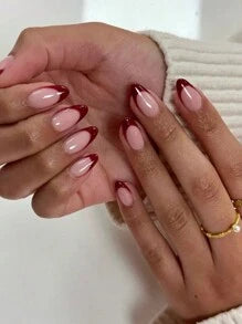 Short Almond Red French Tips Fashion Press-On Nails