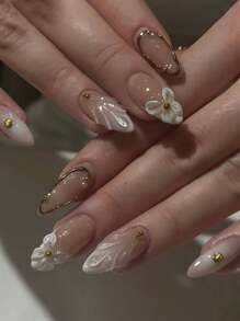 3D Golden Flower & Bead Decor Mermaid Press-On Nails