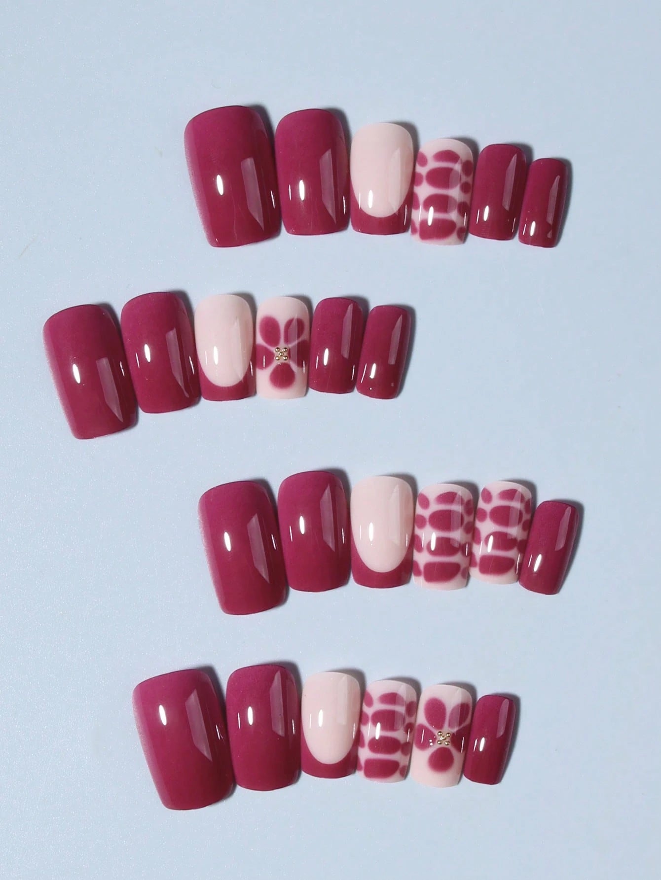 Square Flower Nail Design French Acrylic Press-On Nails