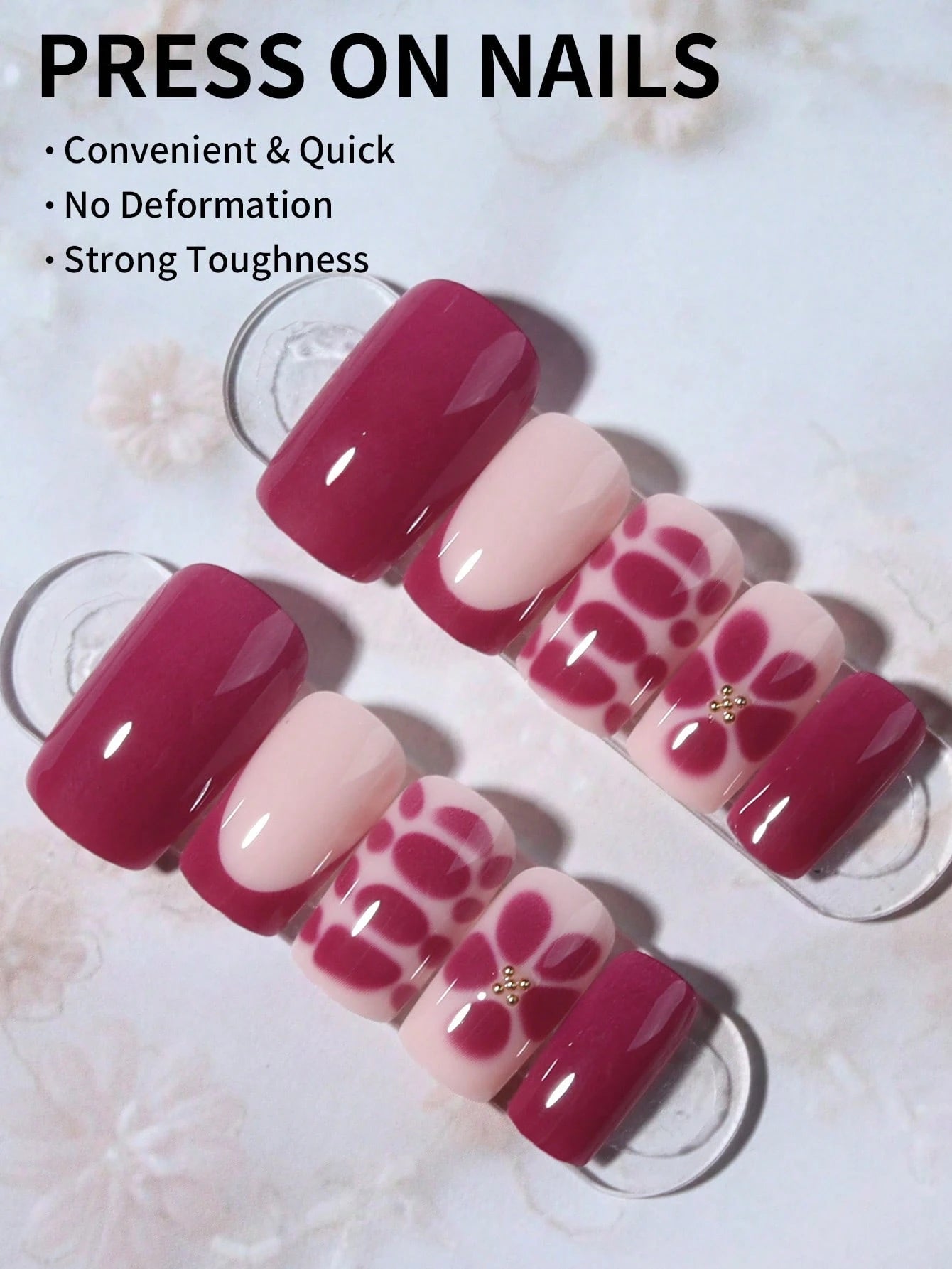 Square Flower Nail Design French Acrylic Press-On Nails