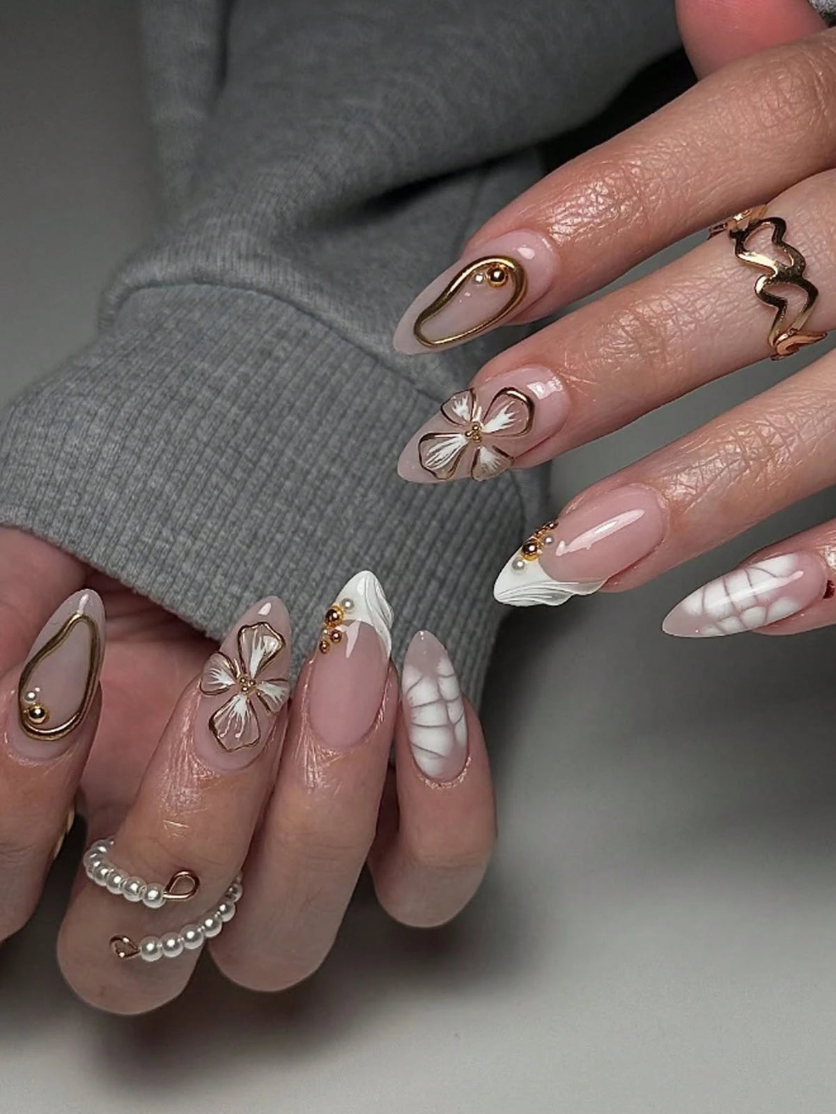 Golden Flower & Pearl Wave 3D Press-on Nails