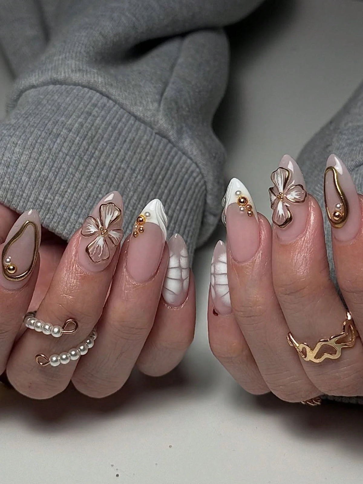 Golden Flower & Pearl Wave 3D Press-on Nails