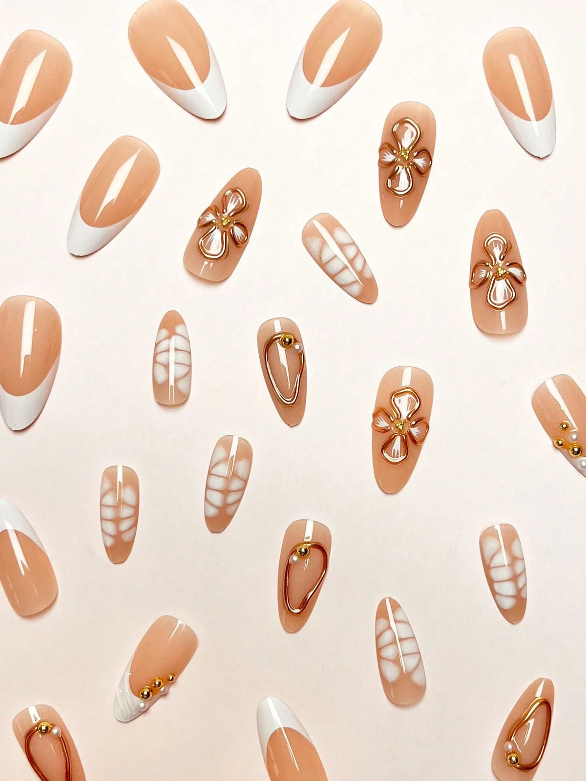 Golden Flower & Pearl Wave 3D Press-on Nails