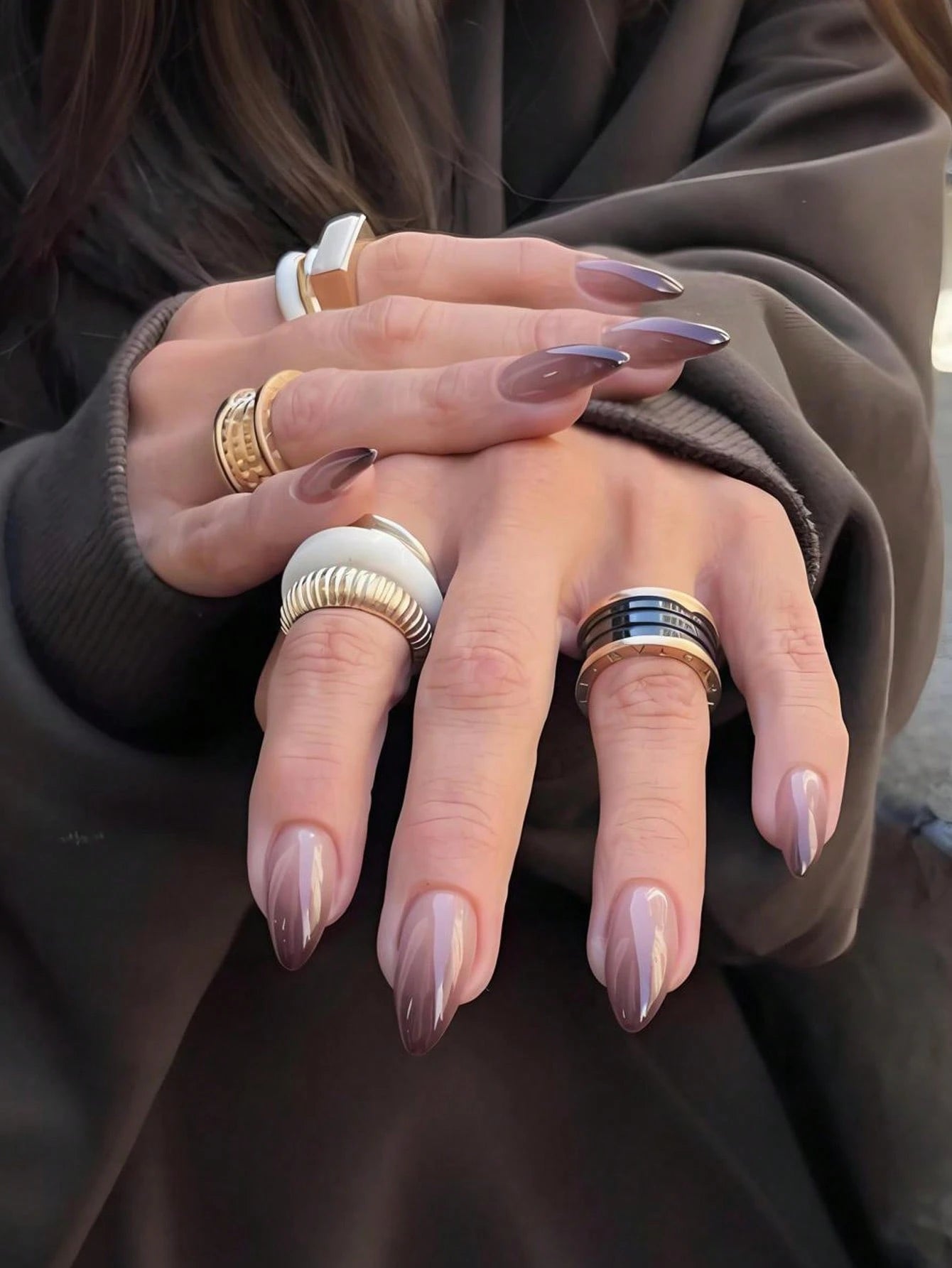 Medium Almond Shaped Ombre Brown Pressons Nails