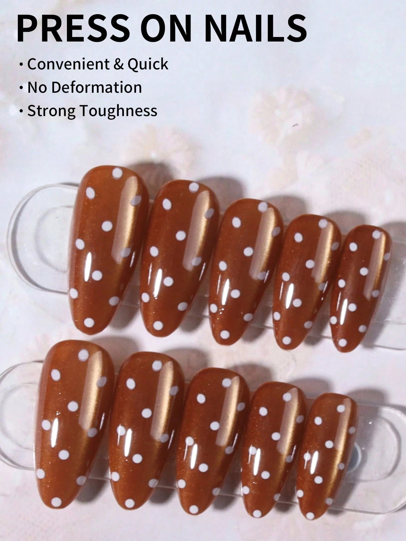 Almond-Shaped Brown White Polka Dot Cat Eye Press-On Nails