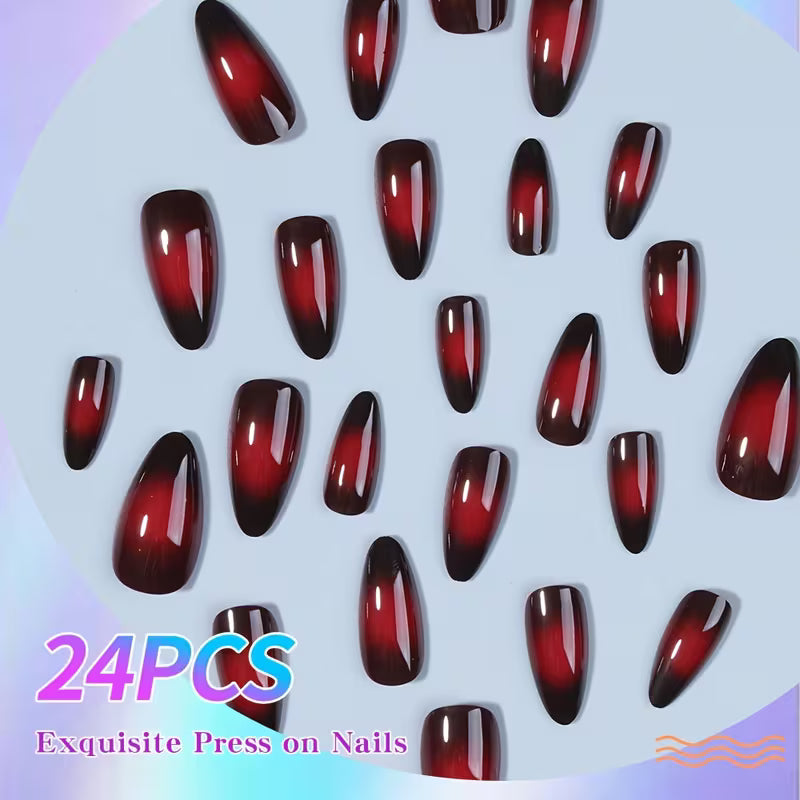 Wine Red Ombre Almond Pressons Nails