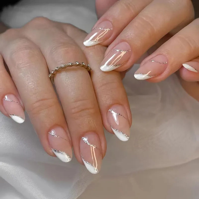 Almond Shaped French Style Glitter Lines Press on Nails