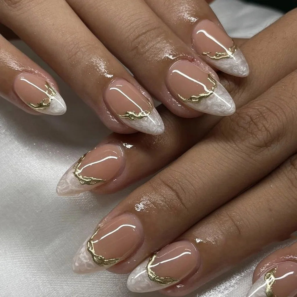 White French Tip Gold Line Short Almond Press-On Nails