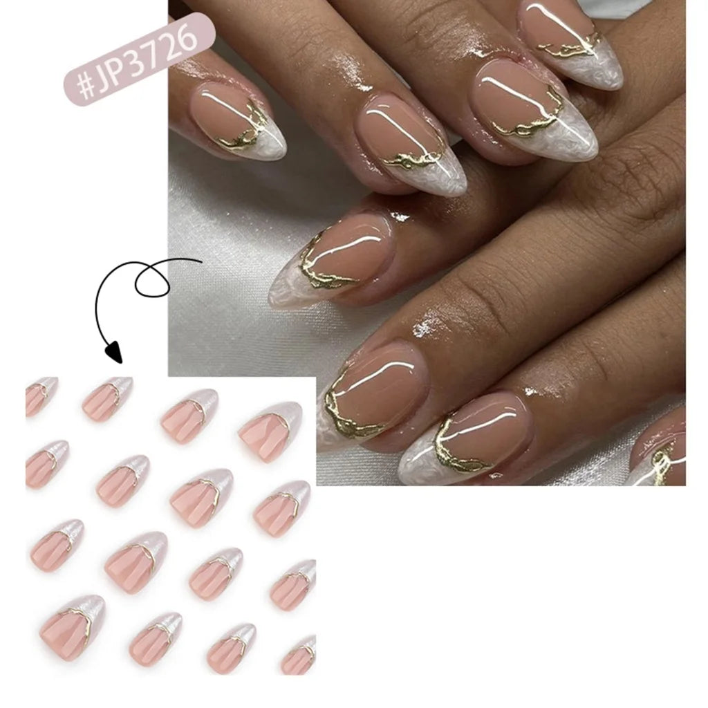 White French Tip Gold Line Short Almond Press-On Nails