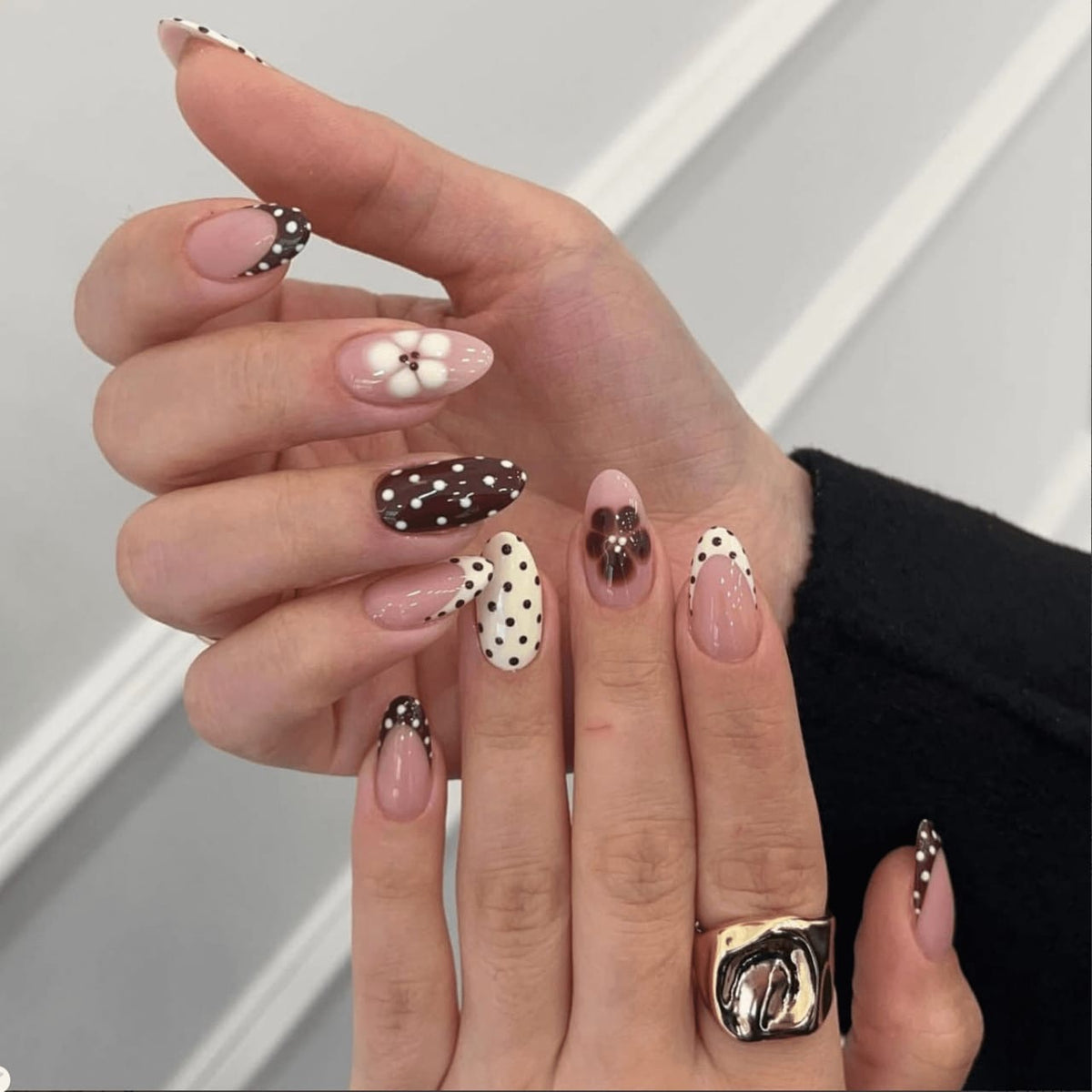 Trendy Fall Polka Dot with Flower Almond Shape Press-ons