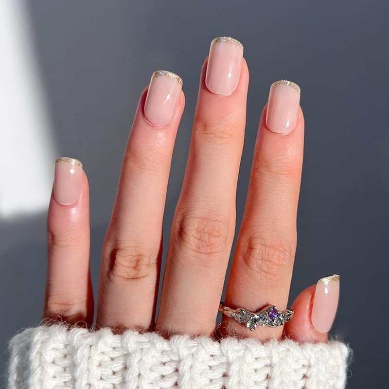 Nude French Square Gold Glitter Pressons