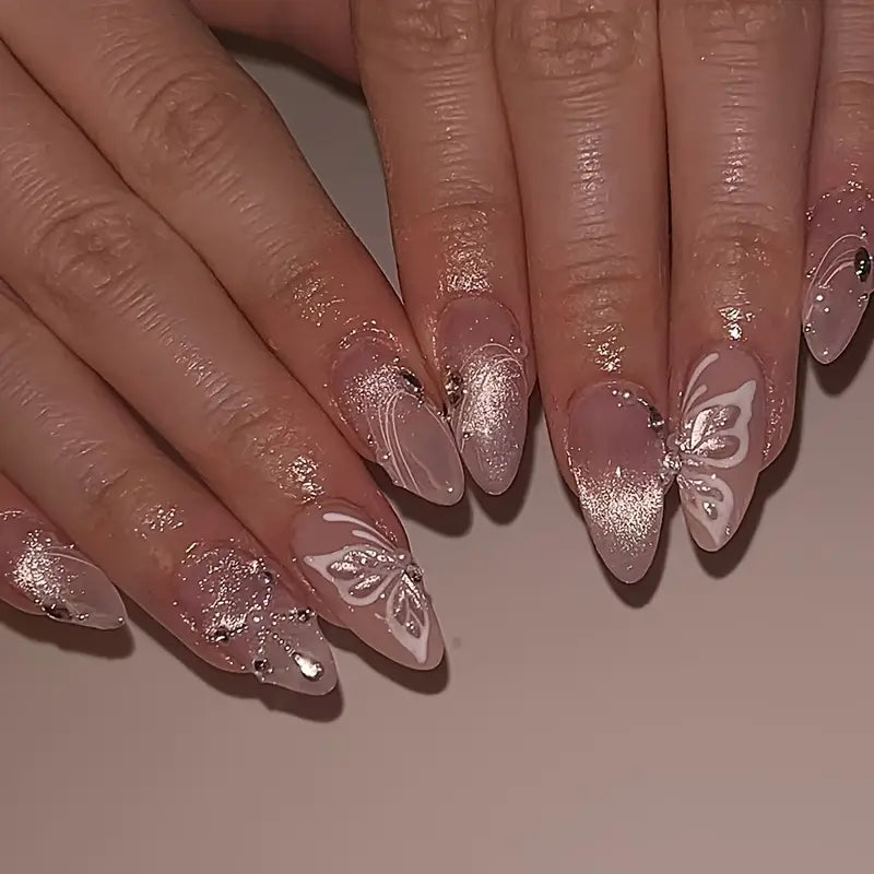 3D Starry Cat Eye Line Rhinestone Butterfly Press-on Nails