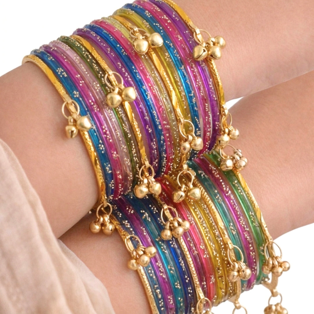 Viral Kashmiri Ghungroo Glass Bangle Set-1 dozen - Multi-Color (12 Simple 4 Ghungroo Bangles)