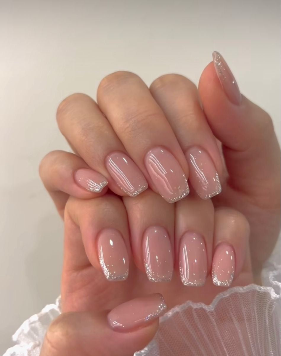 Silver Glitter Edge See through Coffin Shaped Nails