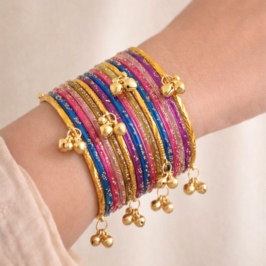 Viral Kashmiri Ghungroo Glass Bangle Set-1 dozen - Multi-Color (12 Simple 4 Ghungroo Bangles)