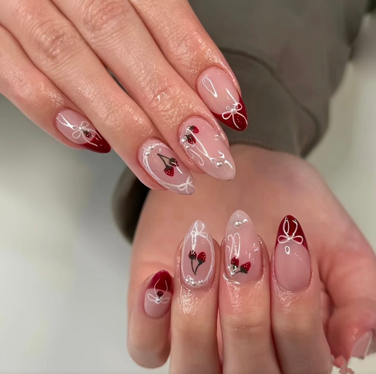 Red french tips with cherry and bowknot press-ons