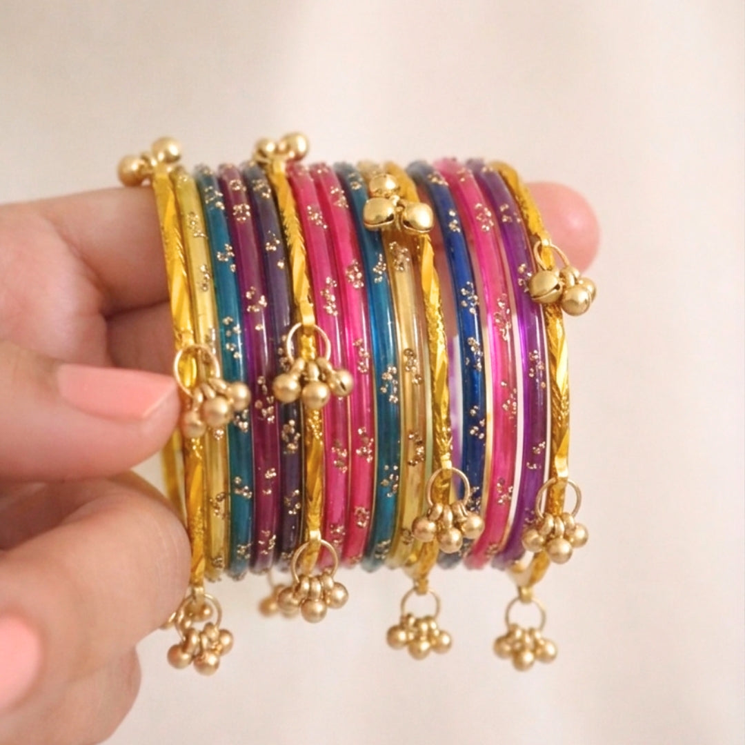 Viral Kashmiri Ghungroo Glass Bangle Set-1 dozen - Multi-Color (12 Simple 4 Ghungroo Bangles)