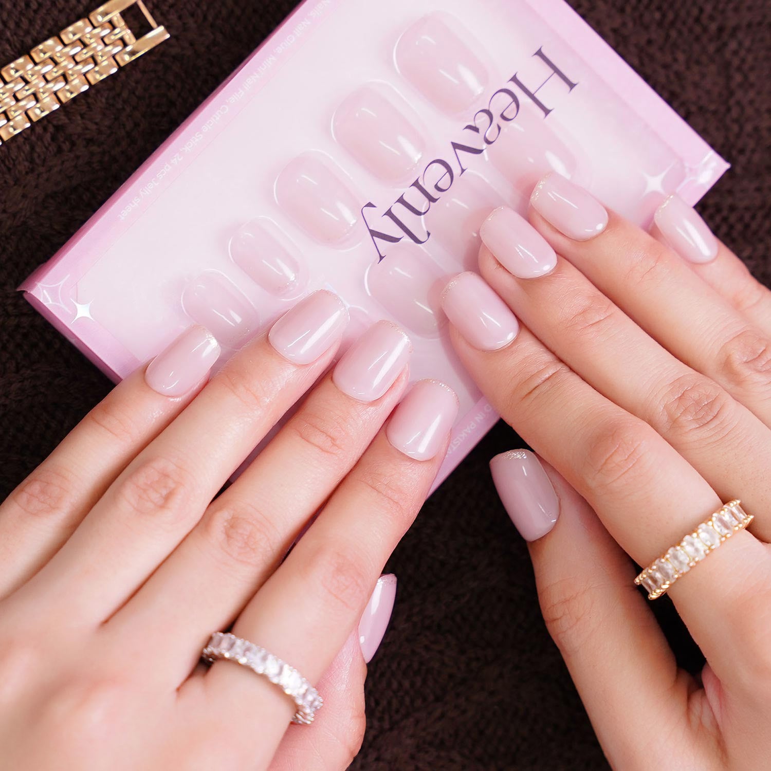 Nude French Square Gold Glitter Pressons