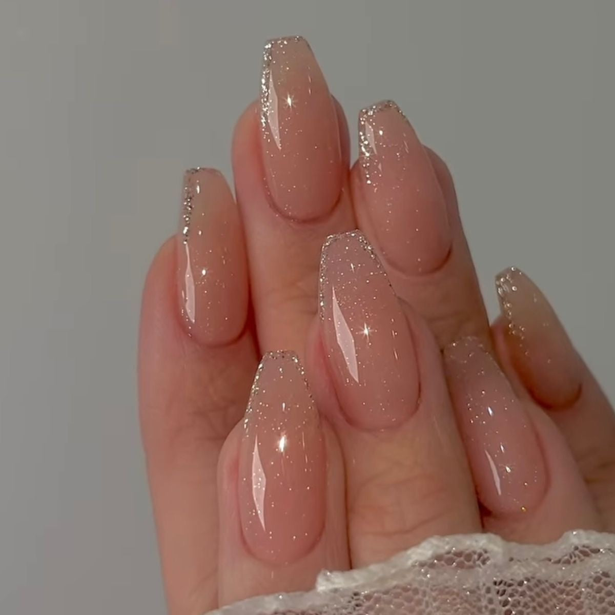 Silver Glitter Edge See through Coffin Shaped Nails