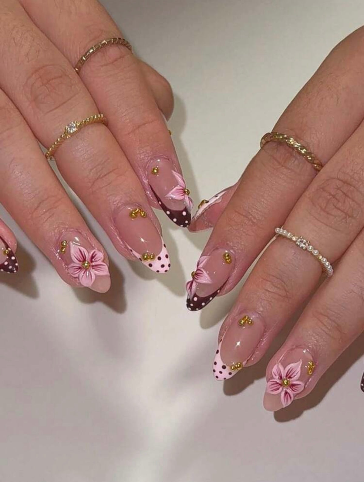Trendy Fall Style 3D Flower Polka Dot Almond Shape Press-ons