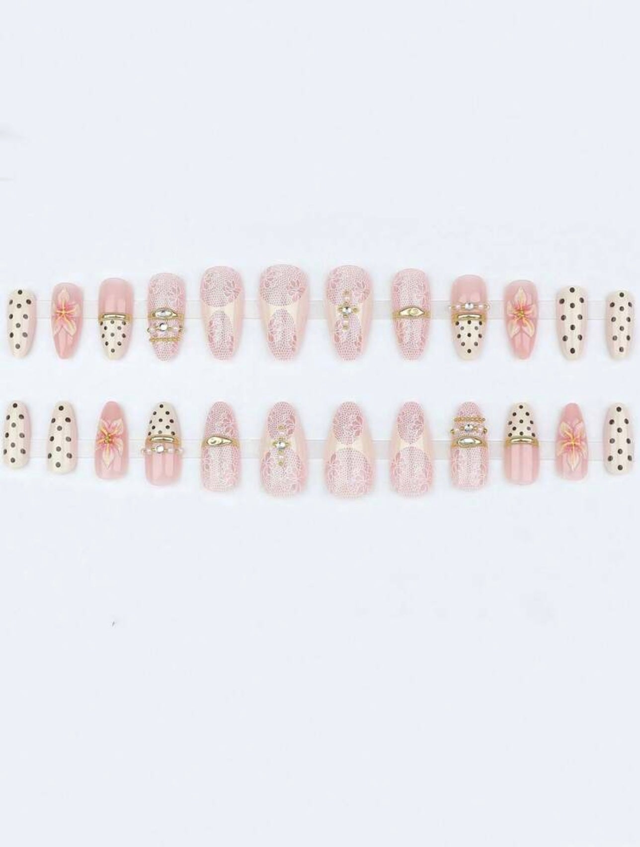 Polka Dot Lace 3D Pink Flower Rhinestone Press-Ons
