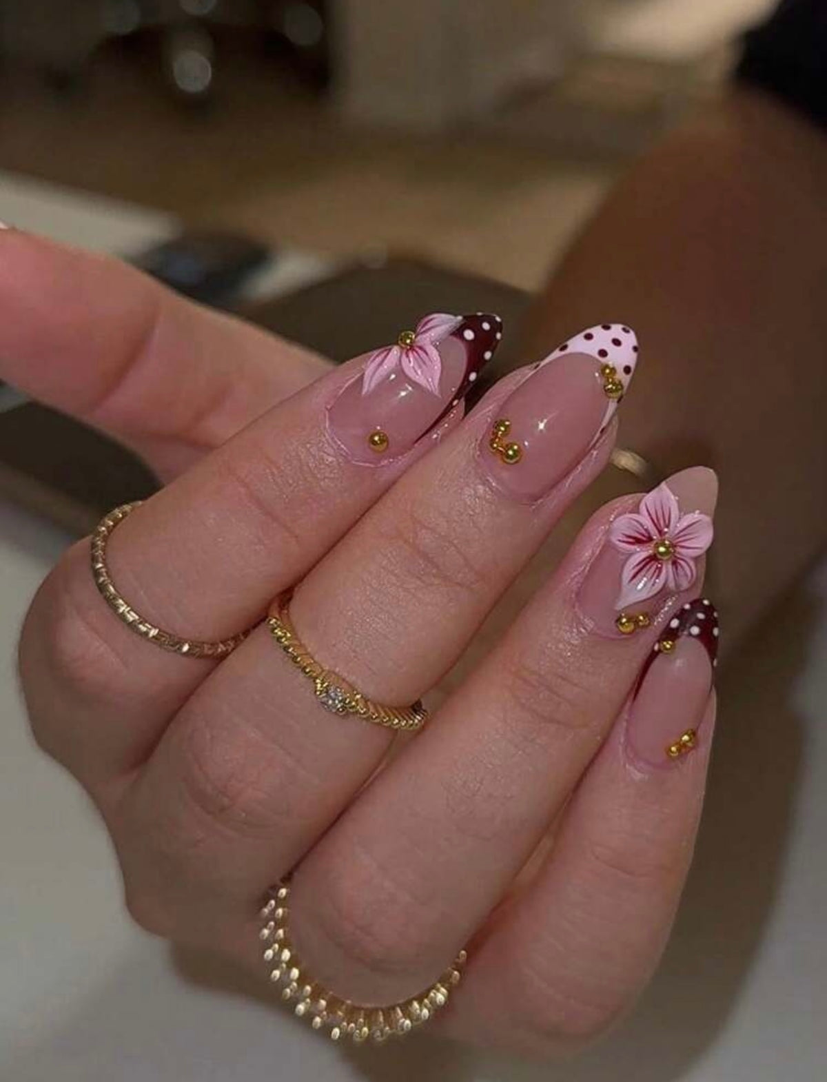 Trendy Fall Style 3D Flower Polka Dot Almond Shape Press-ons