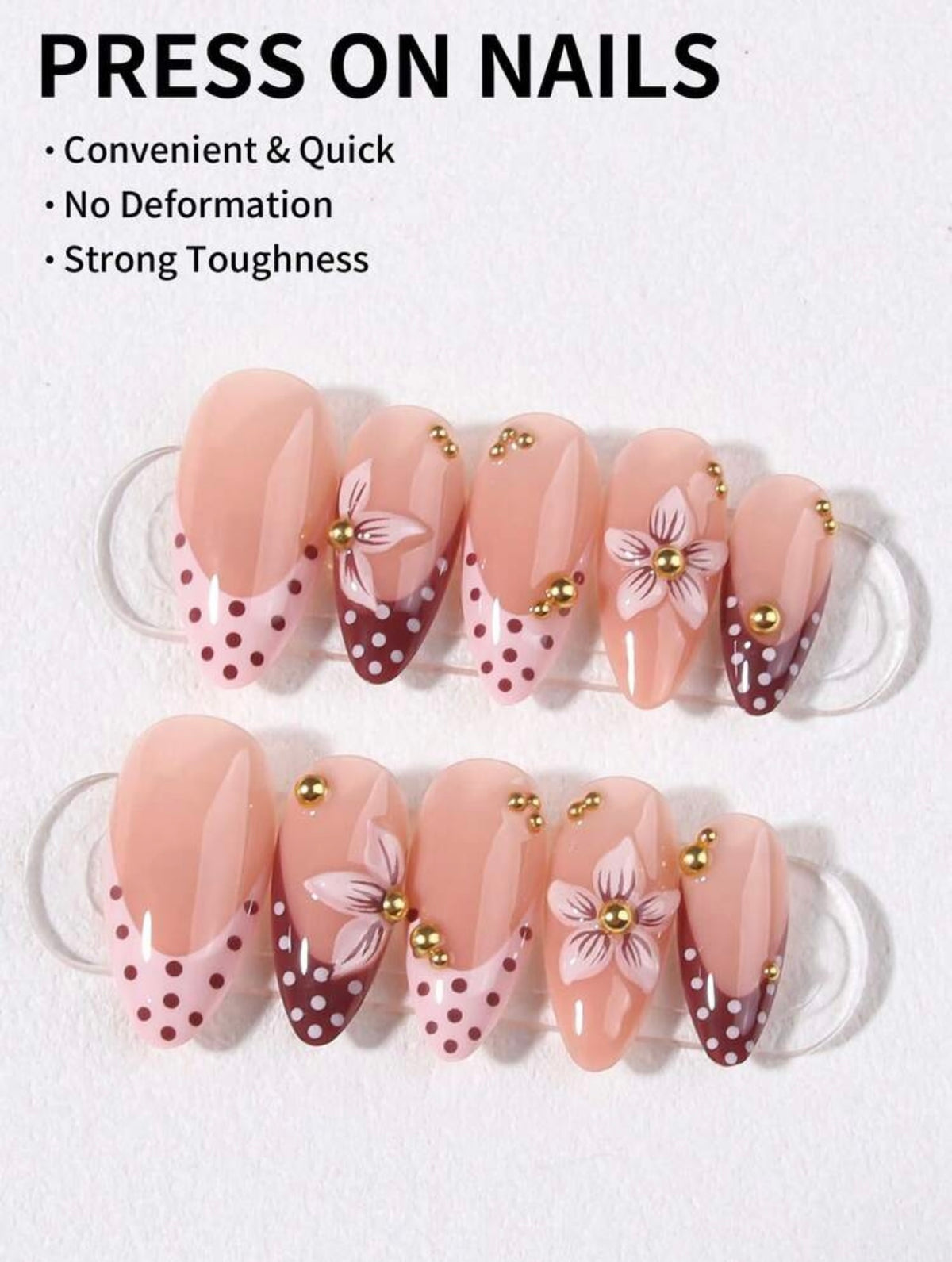 Trendy Fall Style 3D Flower Polka Dot Almond Shape Press-ons
