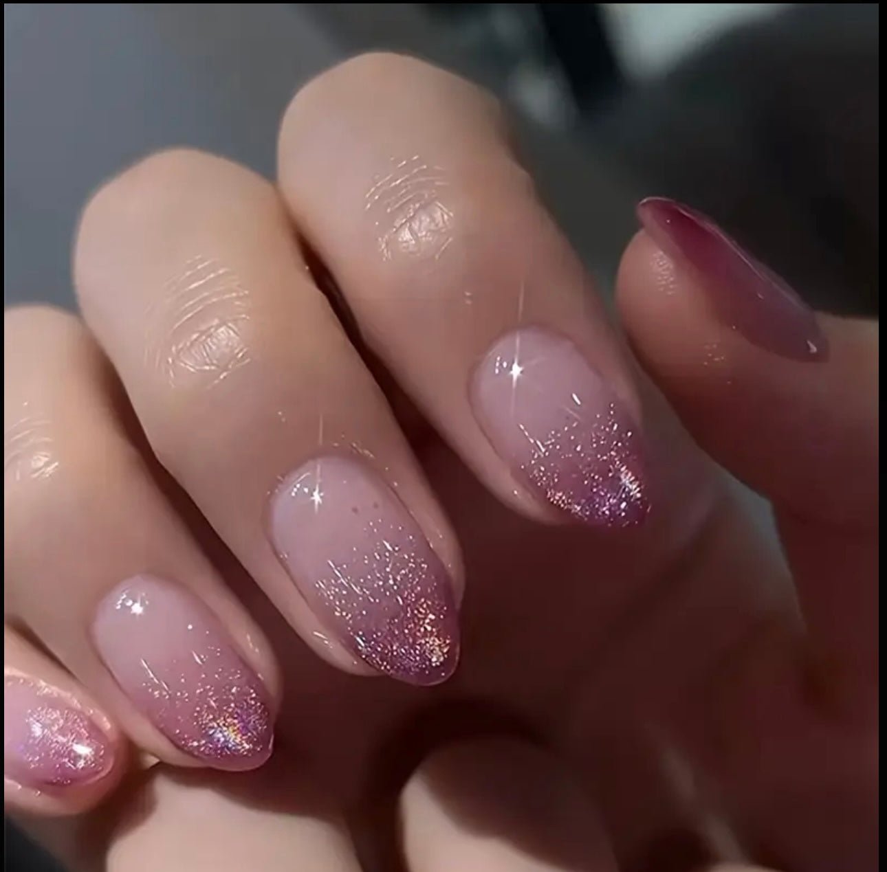 Luxury Short Almond Purple Gradient Press ons with Glossy Finish