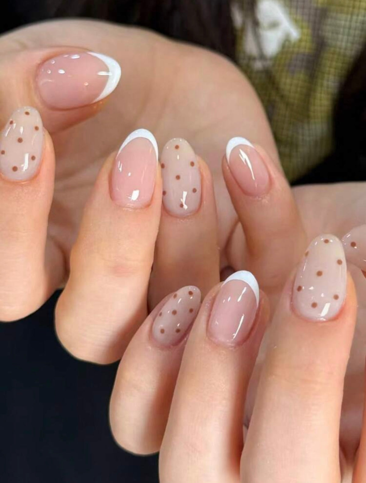 Short Almond White French with Coffee Polka Dots Press-ons