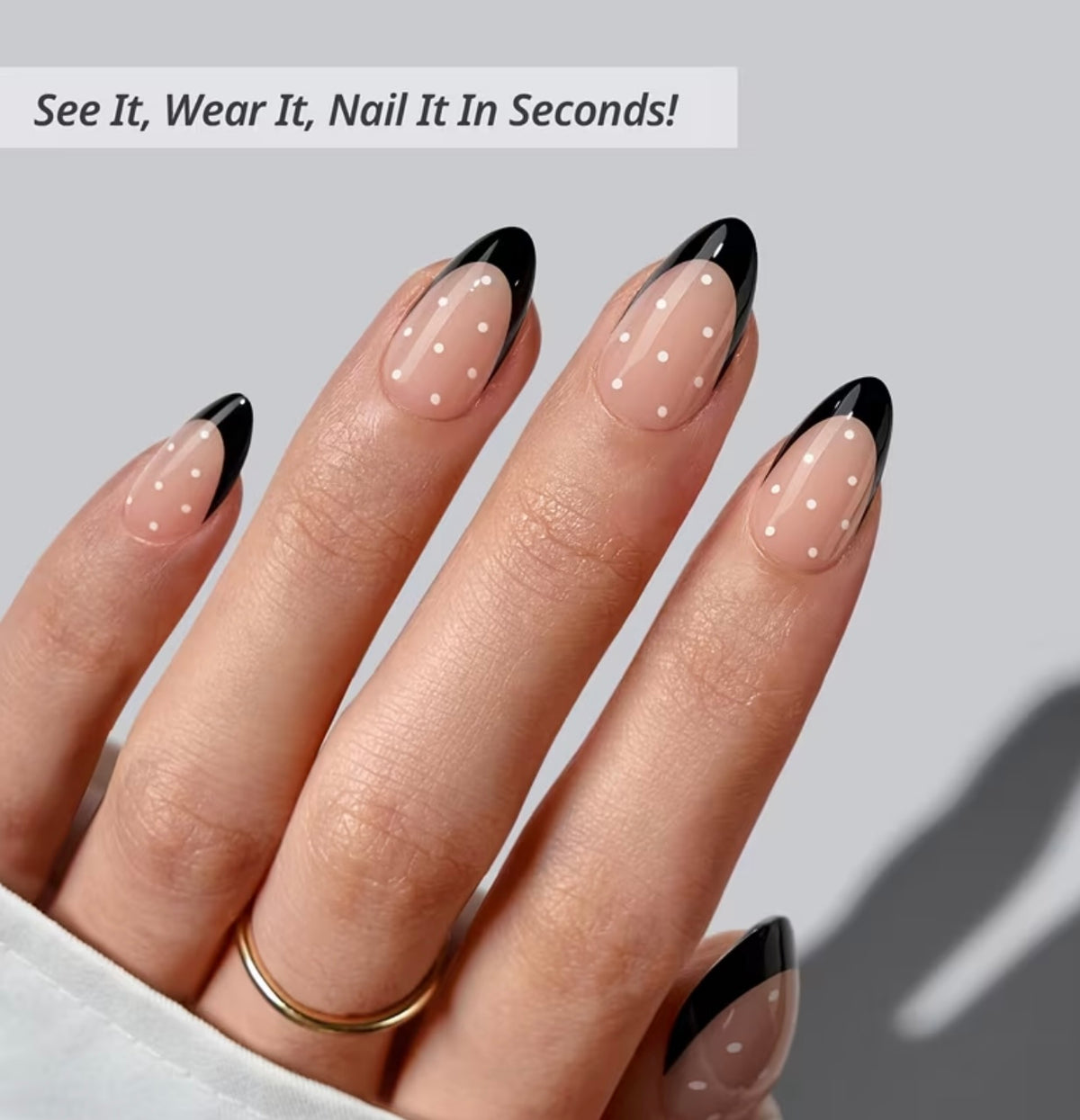 Short Almond Polka Dots with Black French Tips Press-ons