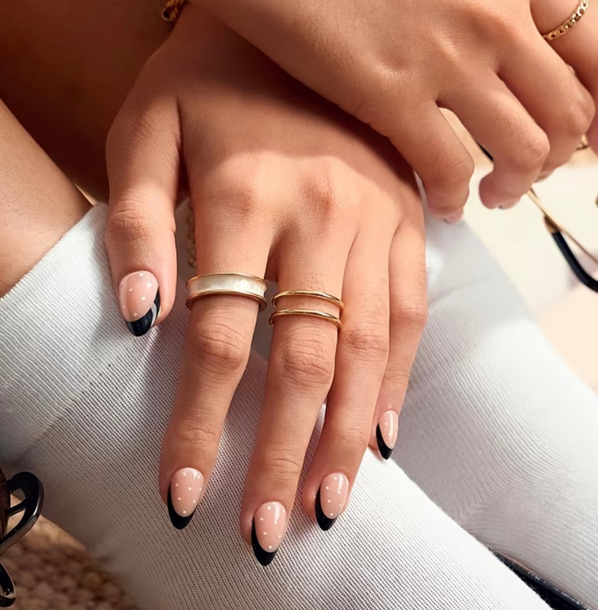Short Almond Polka Dots with Black French Tips Press-ons