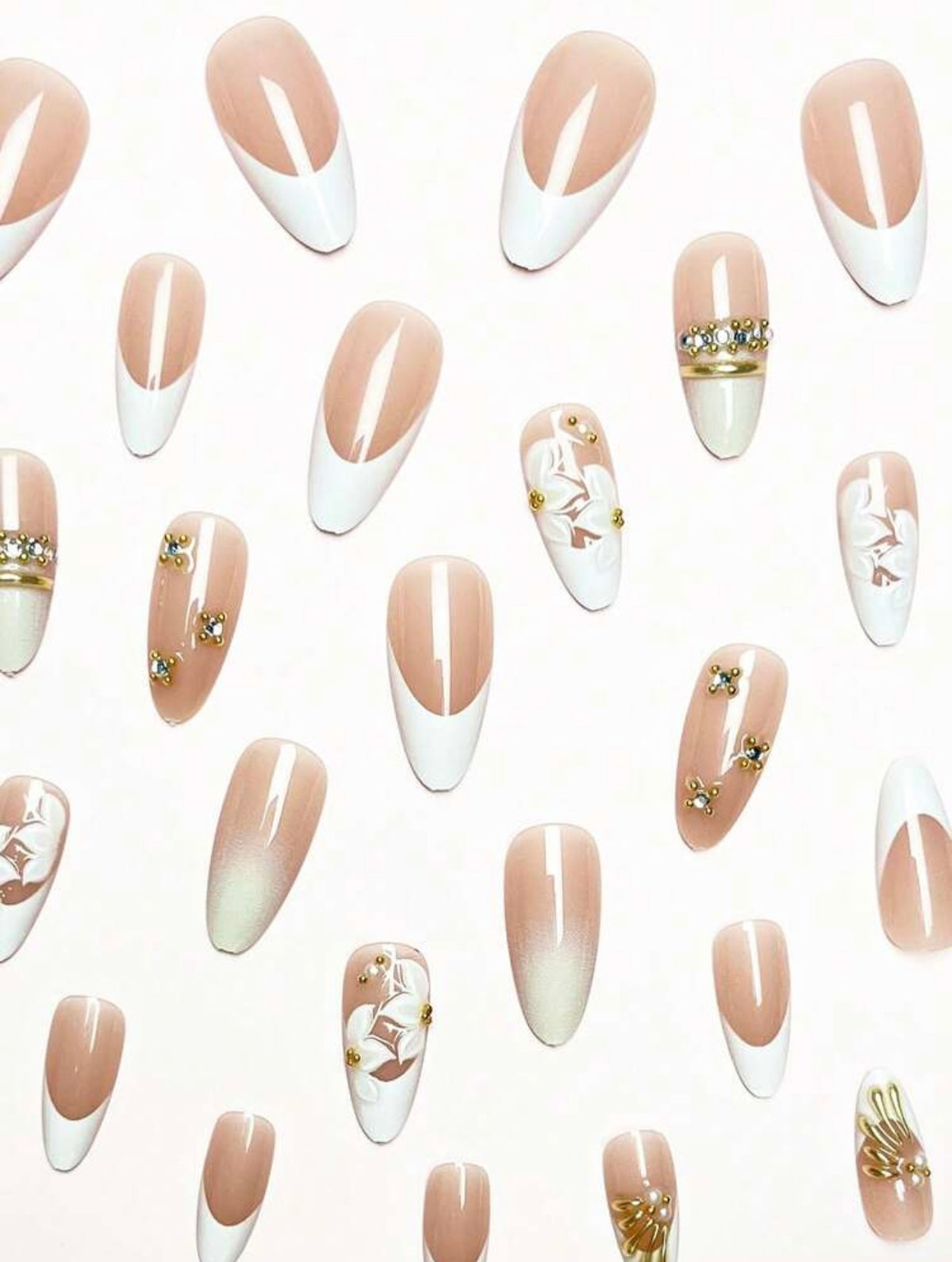 Gold Foil Rhinestone 3D White Sand Flower Almond Shape Press-ons