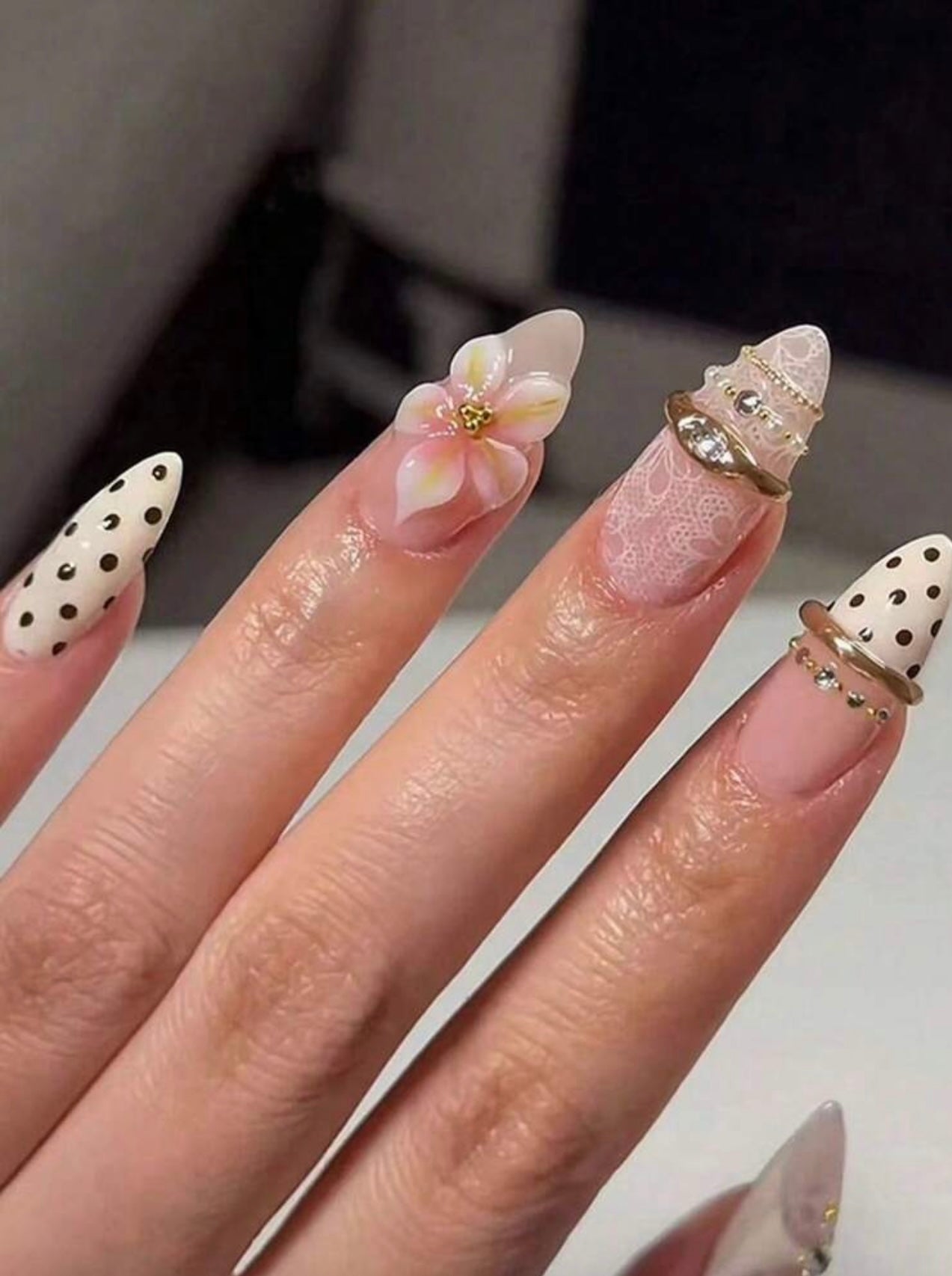 Polka Dot Lace 3D Pink Flower Rhinestone Press-Ons