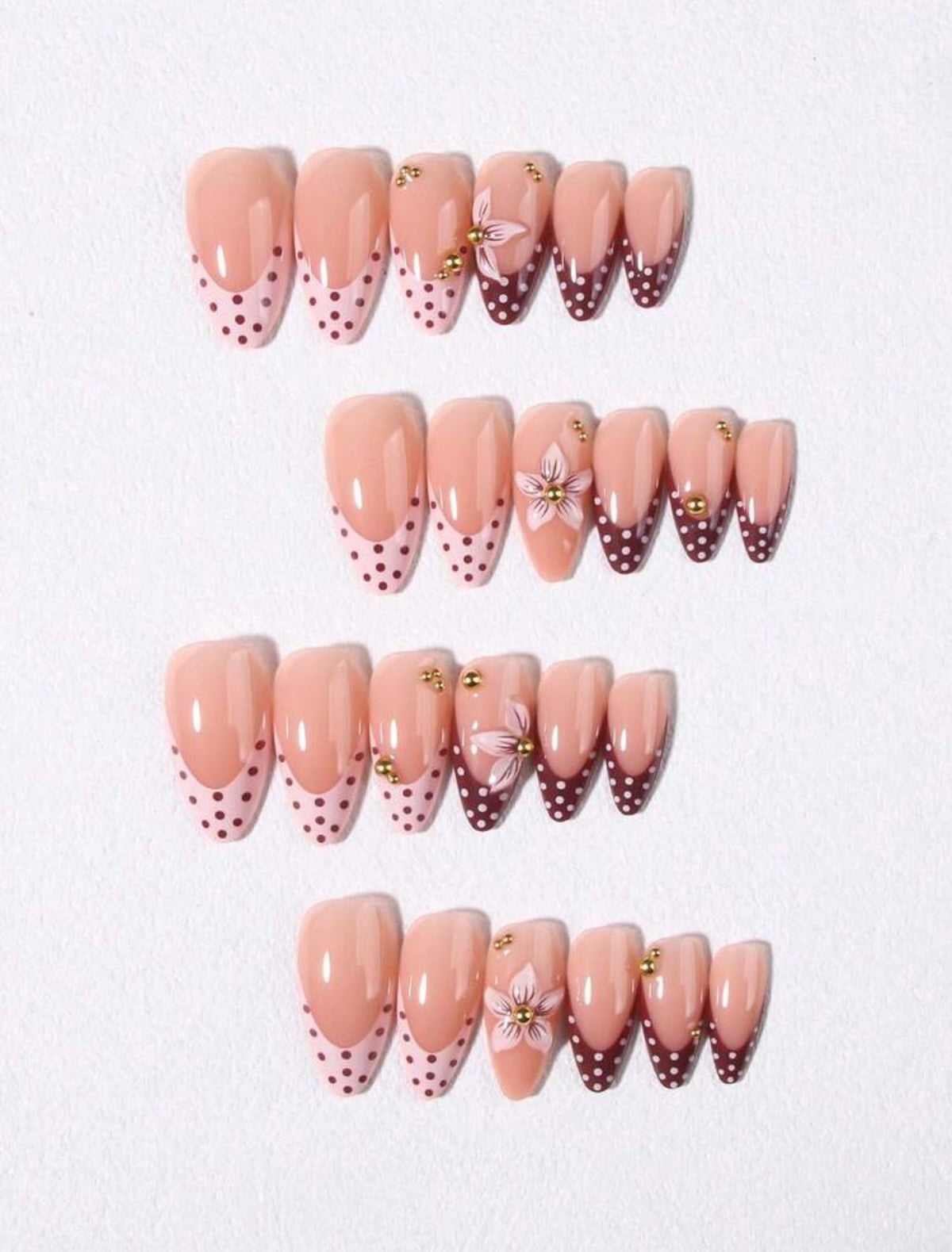 Trendy Fall Style 3D Flower Polka Dot Almond Shape Press-ons