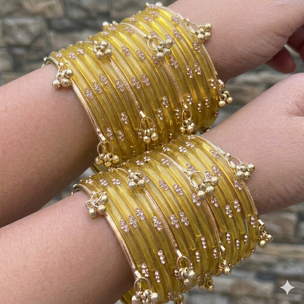 Viral Kashmiri Ghungroo Glass Bangle Set-1 dozen - Light yellow (12 Simple 4 Ghungroo Bangles)