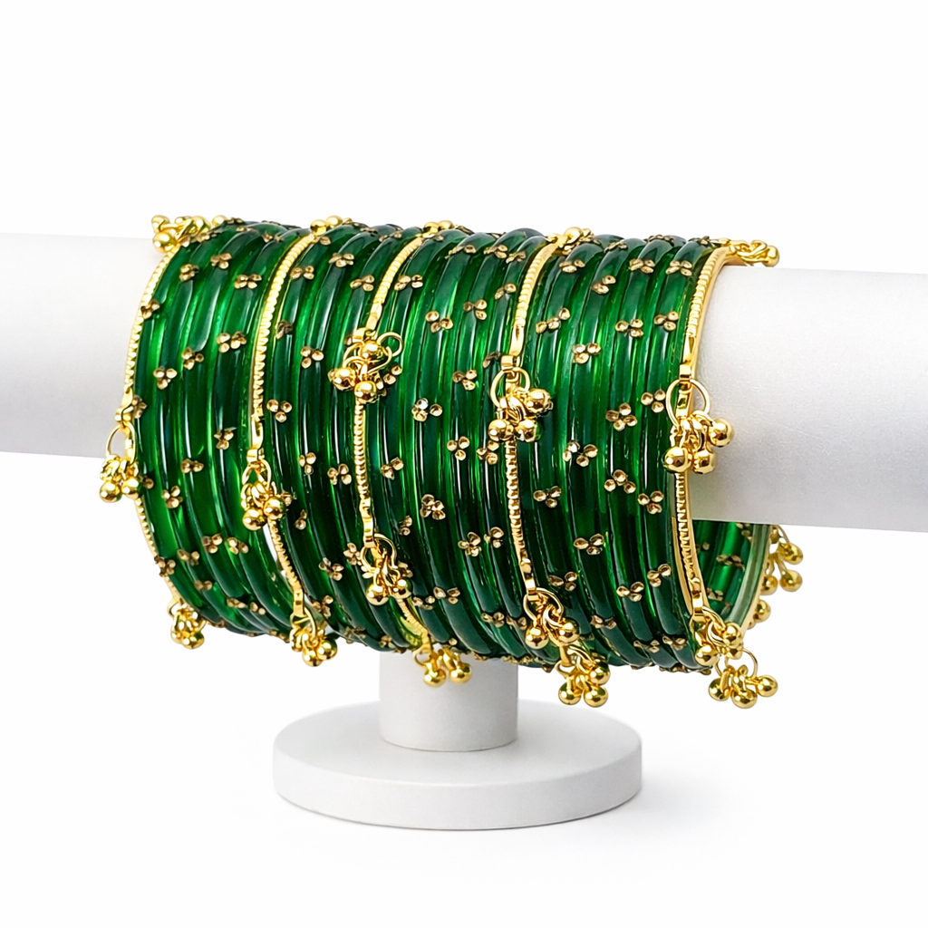 Viral Kashmiri Ghungroo Glass Bangle Set-1 dozen - Green (12 Simple 4 Ghungroo Bangles)