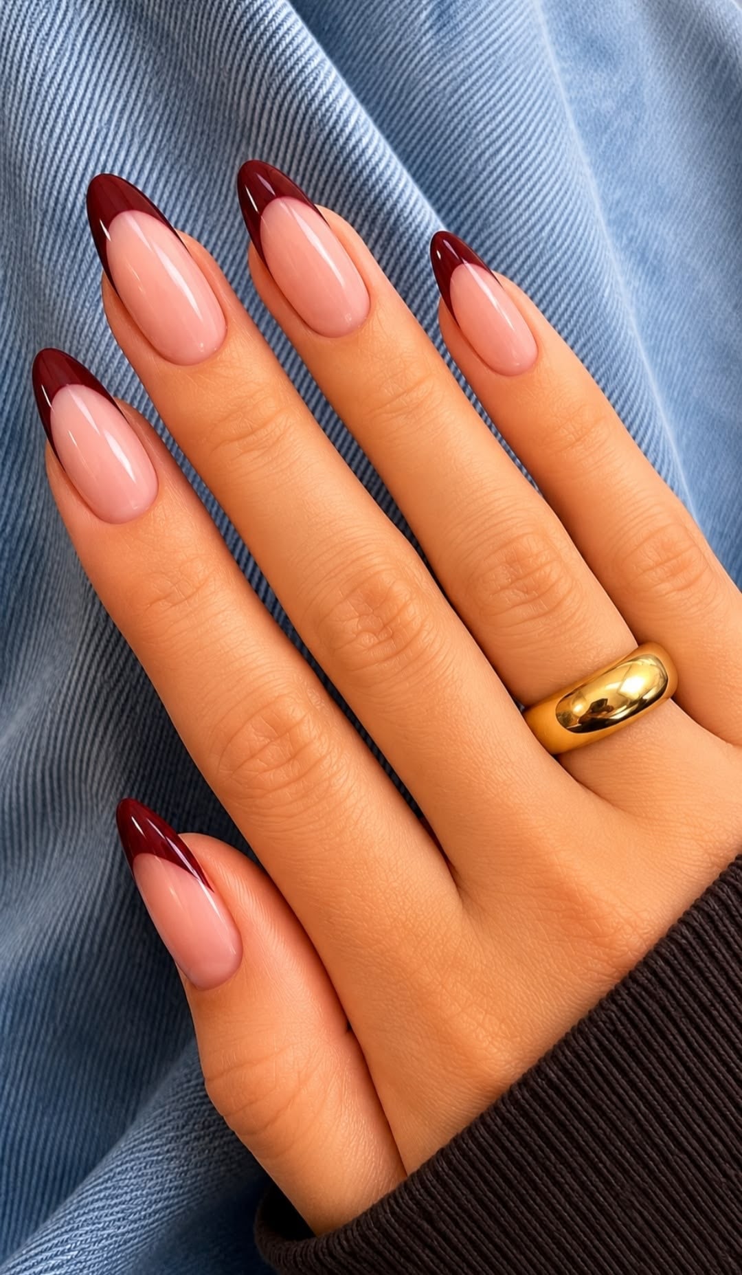 Deep Cherry French Tips Almond Shape Nails