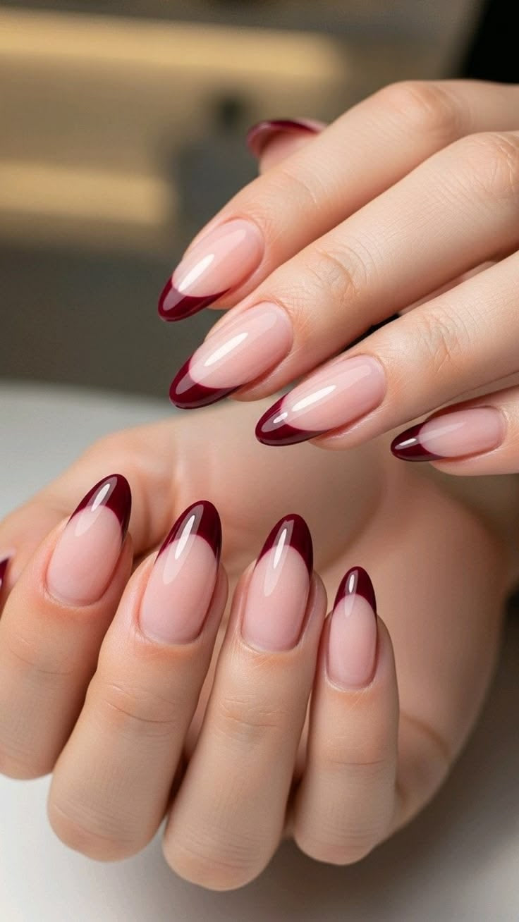 Deep Cherry French Tips Almond Shape Nails