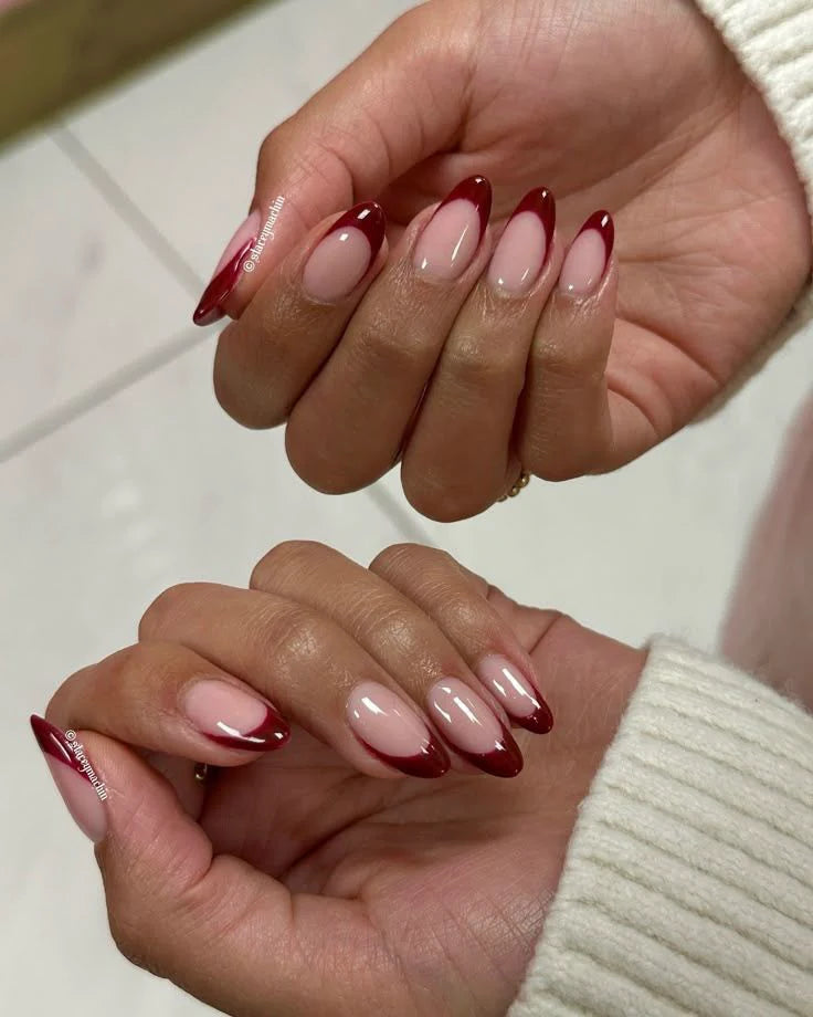 Deep Cherry French Tips Almond Shape Nails