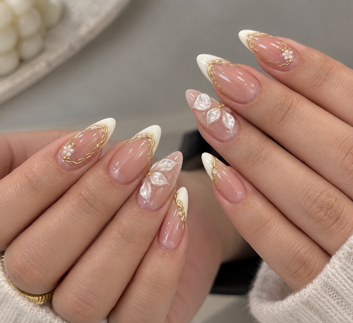 3D Floral Embellished with Gold Chrome Almond Shape Press-ons