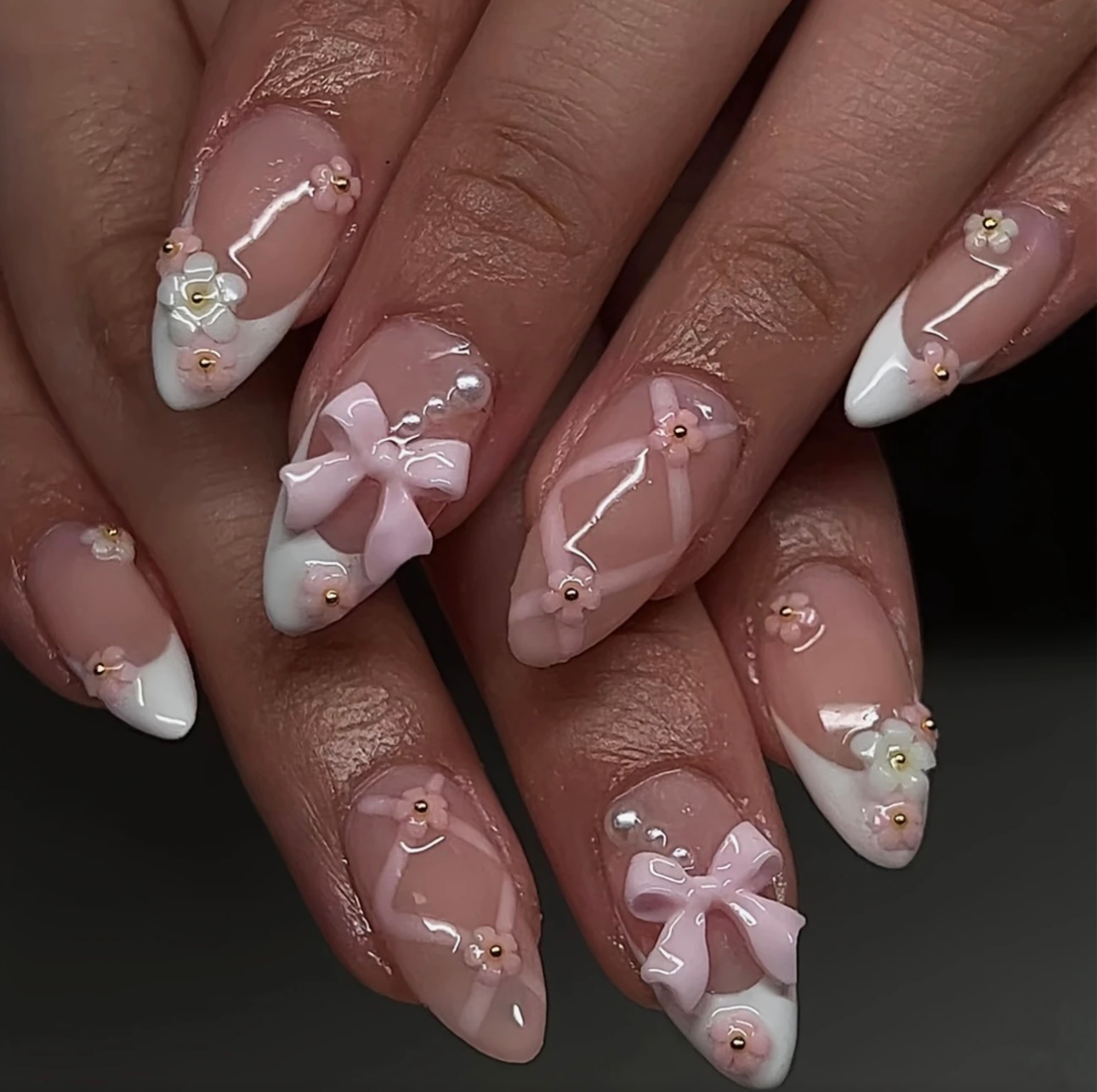 Pink petal and bows 3D press ons