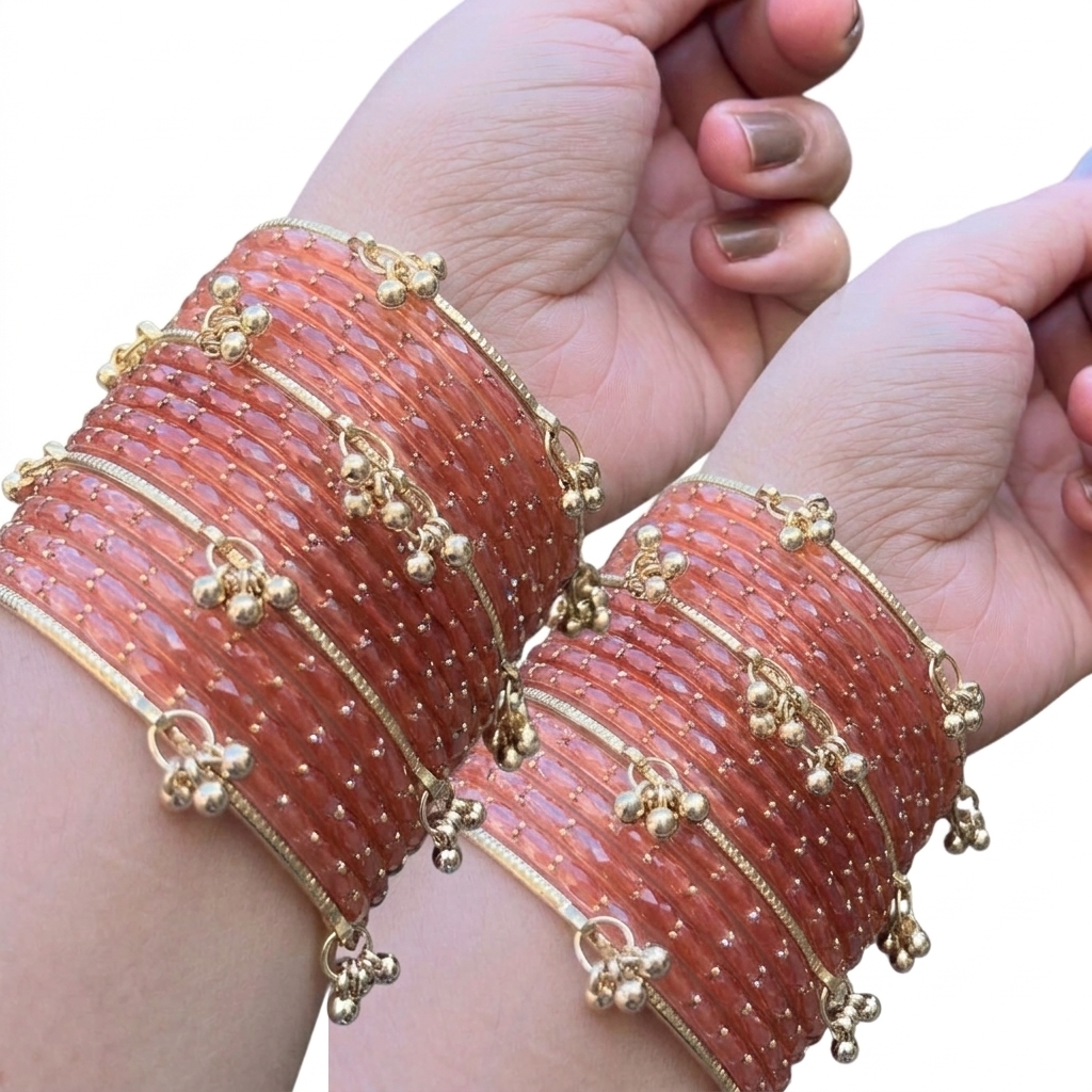 Viral Kashmiri Ghungroo Glass Bangle Set-1 dozen - Pink (12 Simple 4 Ghungroo Bangles)