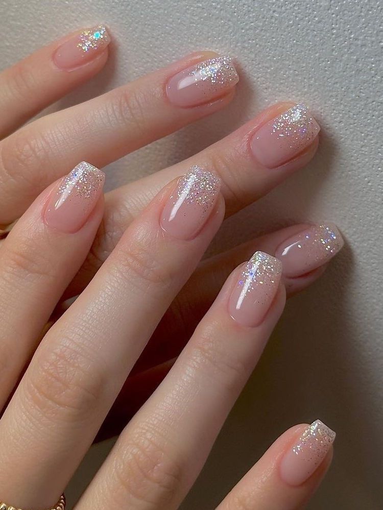 Short square nude pink glitter Press-On Nails