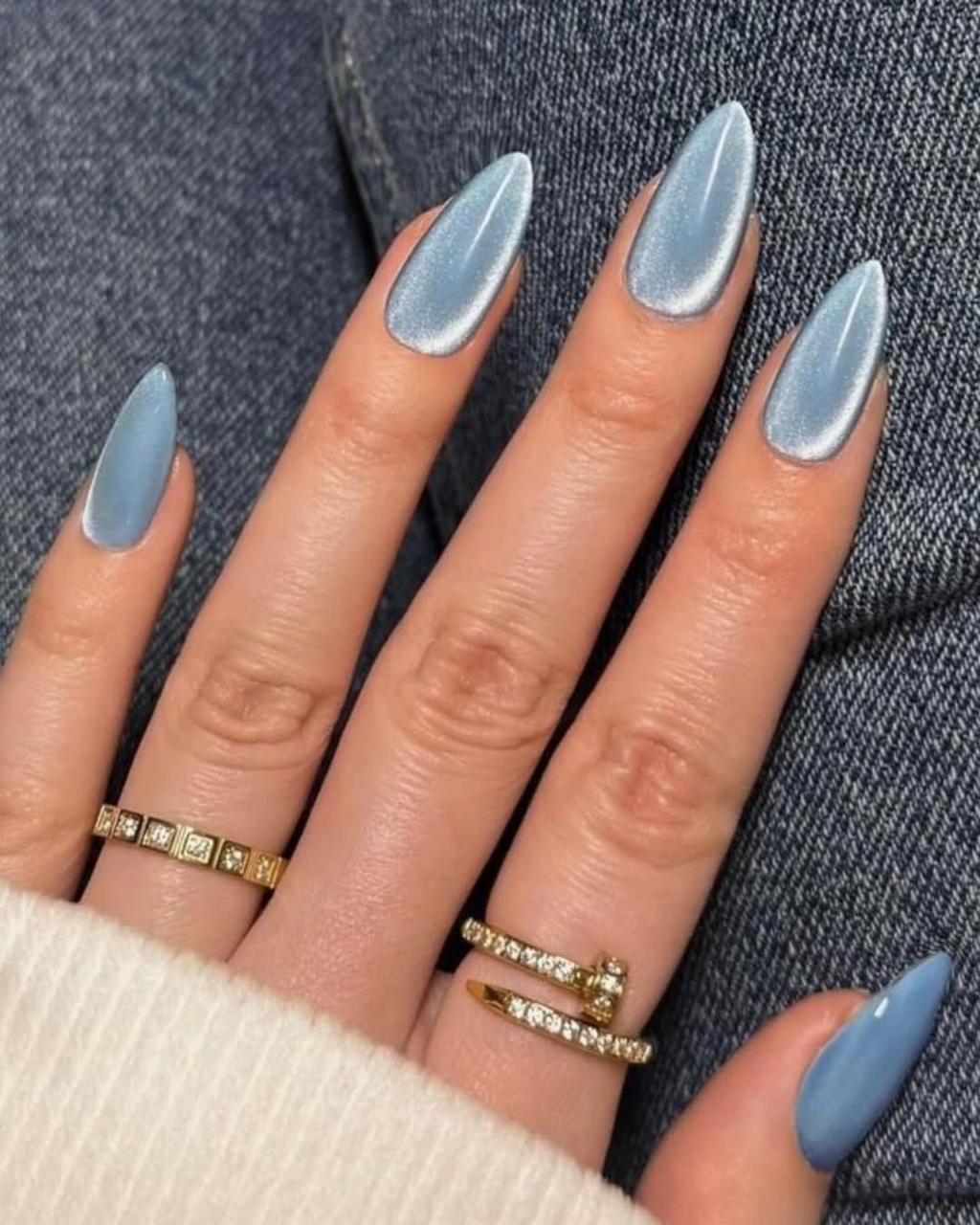Glossy Ice Blue Cat Eye Press-On Nails